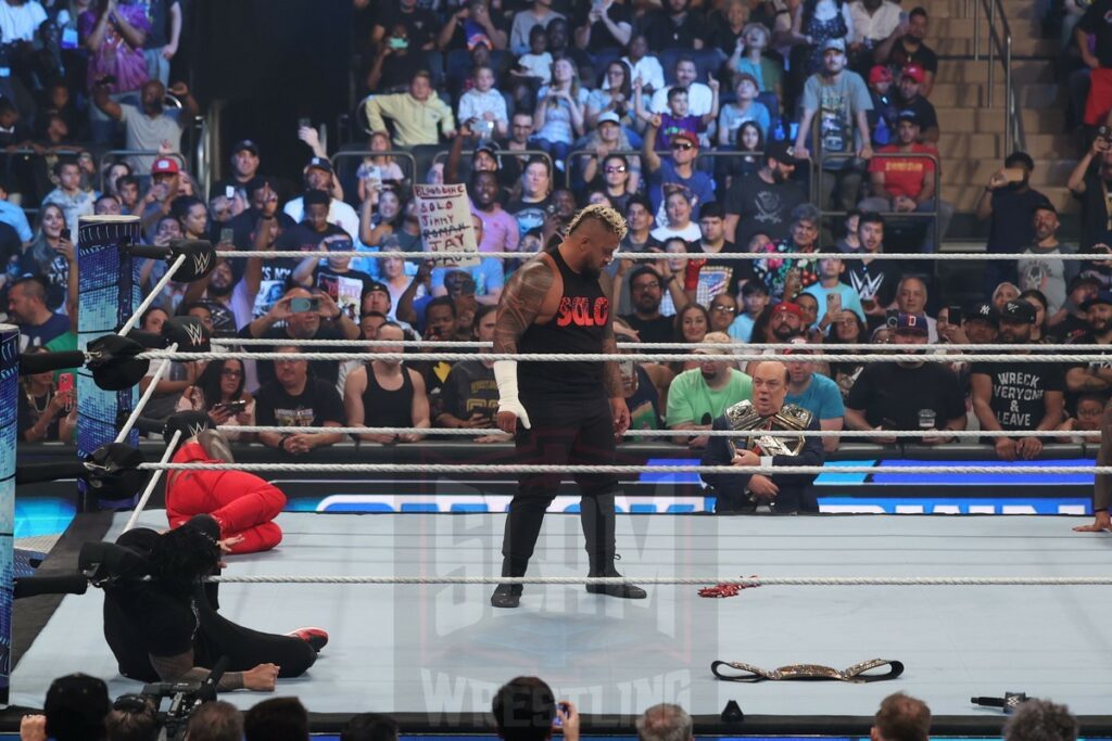 Jimmy and Jey Uso meet with Roman Reigns, Solo Sikoa with Paul Heyman to start off Smackdown at Madison Square Garden, in New York City, on Friday, July 7, 2023. Photo by George Tahinos, georgetahinos.smugmug.com. 