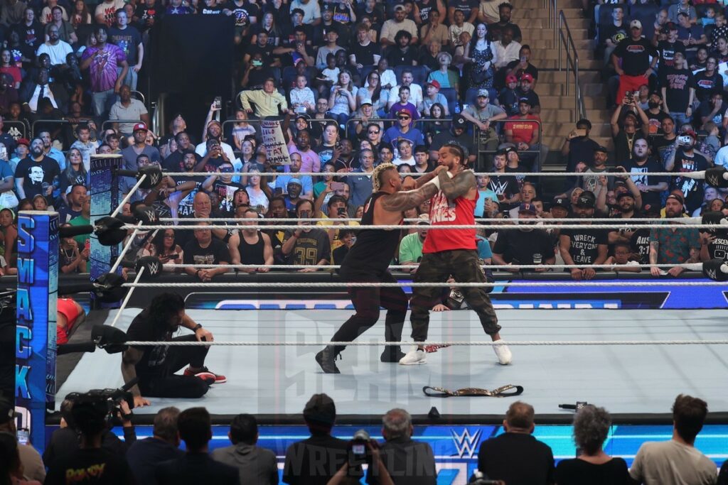 Jimmy and Jey Uso meet with Roman Reigns, Solo Sikoa with Paul Heyman to start off Smackdown at Madison Square Garden, in New York City, on Friday, July 7, 2023. Photo by George Tahinos, georgetahinos.smugmug.com. 