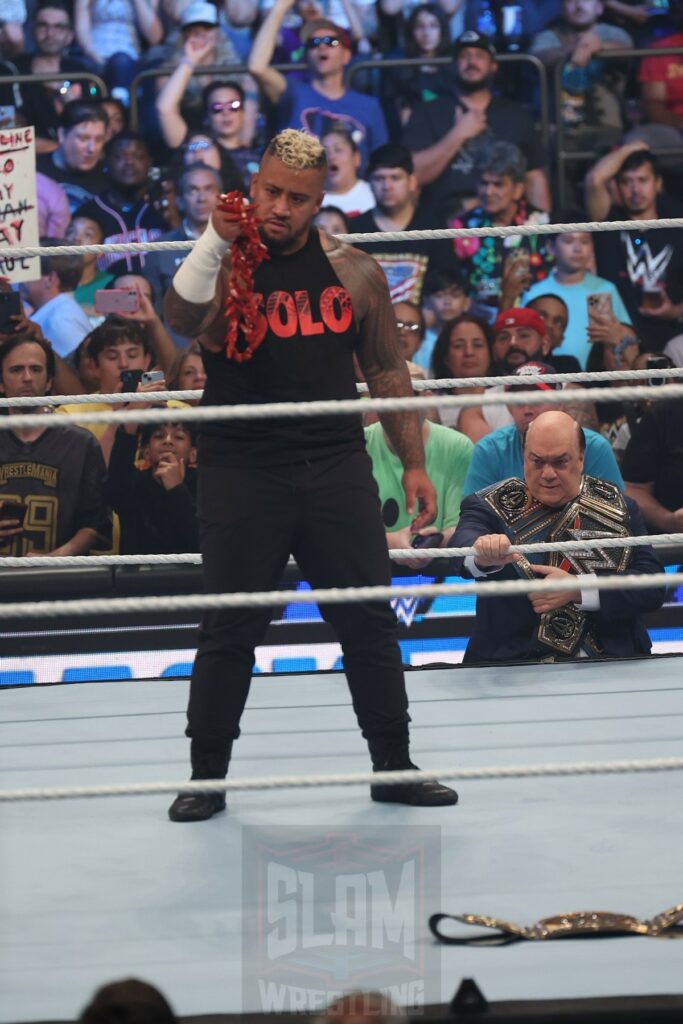 Jimmy and Jey Uso meet with Roman Reigns, Solo Sikoa with Paul Heyman to start off Smackdown at Madison Square Garden, in New York City, on Friday, July 7, 2023. Photo by George Tahinos, georgetahinos.smugmug.com. 