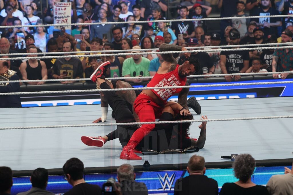 Jimmy and Jey Uso meet with Roman Reigns, Solo Sikoa with Paul Heyman to start off Smackdown at Madison Square Garden, in New York City, on Friday, July 7, 2023. Photo by George Tahinos, georgetahinos.smugmug.com. 