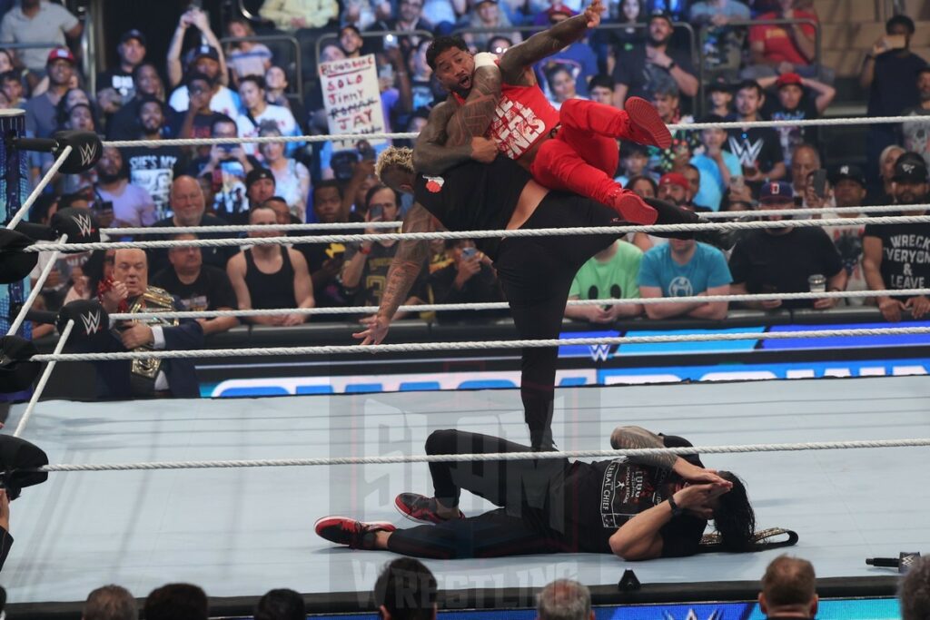 Jimmy and Jey Uso meet with Roman Reigns, Solo Sikoa with Paul Heyman to start off Smackdown at Madison Square Garden, in New York City, on Friday, July 7, 2023. Photo by George Tahinos, georgetahinos.smugmug.com. 