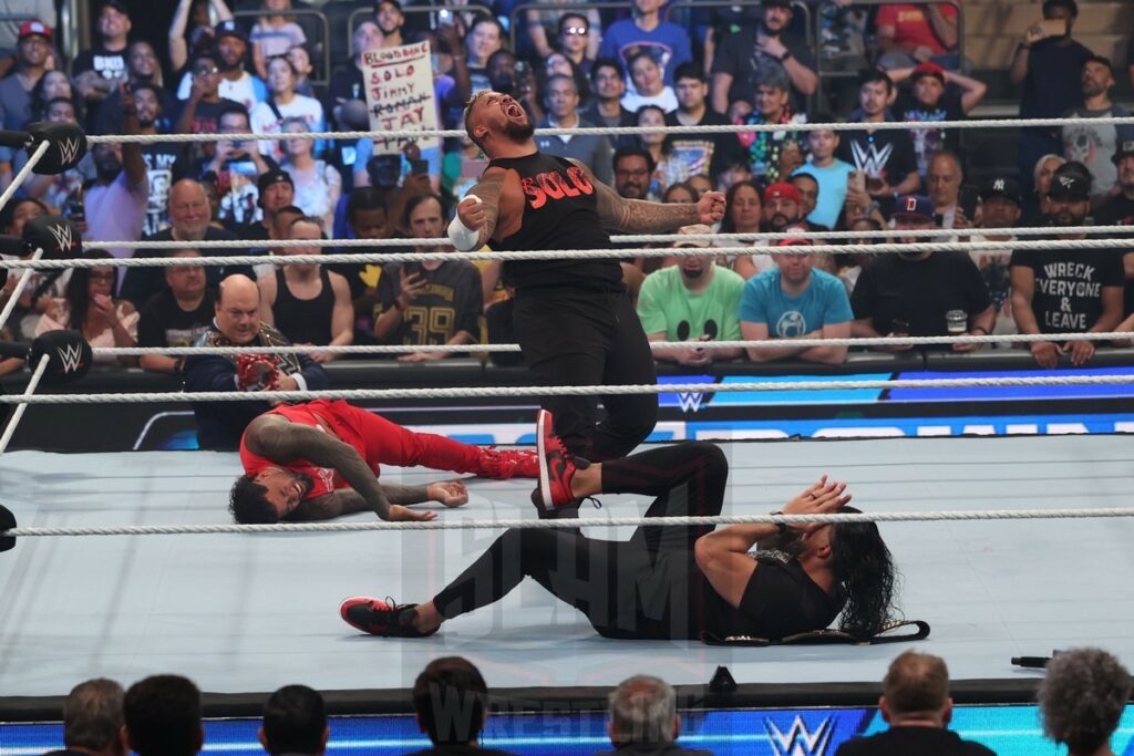 Jimmy and Jey Uso meet with Roman Reigns, Solo Sikoa with Paul Heyman to start off Smackdown at Madison Square Garden, in New York City, on Friday, July 7, 2023. Photo by George Tahinos, georgetahinos.smugmug.com. 