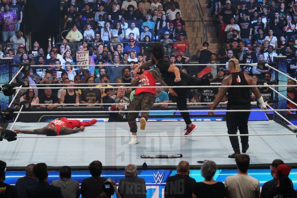 Jimmy and Jey Uso meet with Roman Reigns, Solo Sikoa with Paul Heyman to start off Smackdown at Madison Square Garden, in New York City, on Friday, July 7, 2023. Photo by George Tahinos, georgetahinos.smugmug.com. 