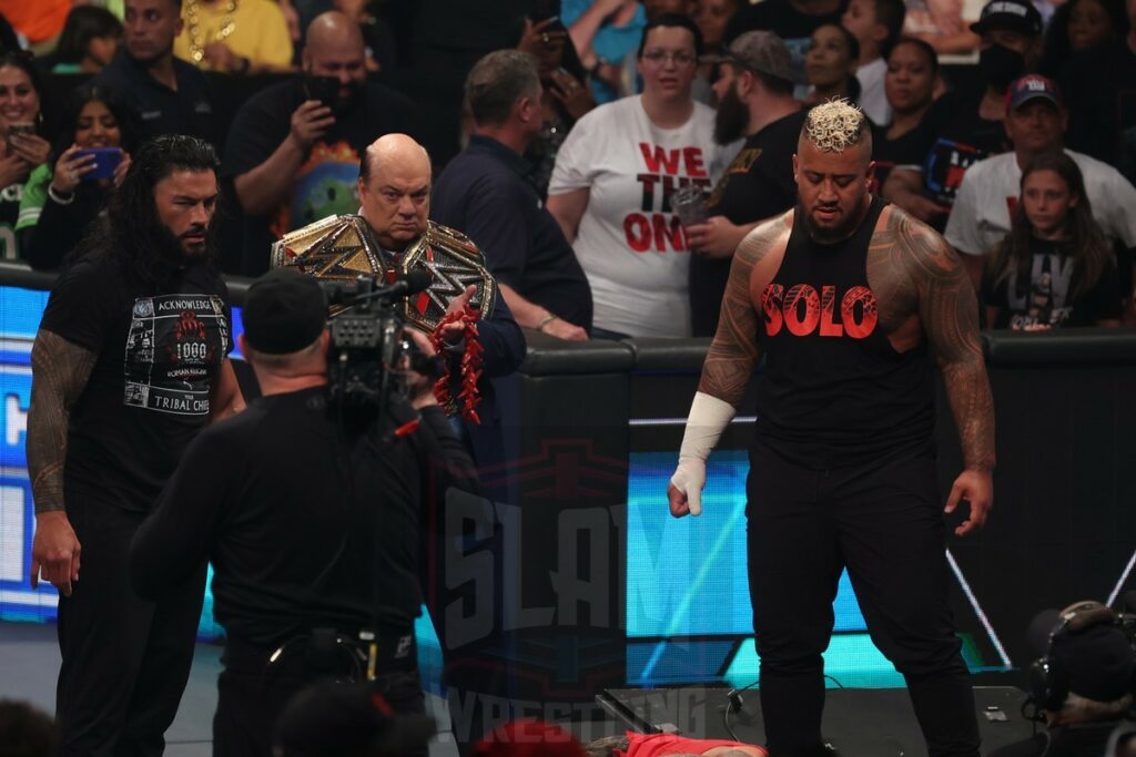 Jimmy and Jey Uso meet with Roman Reigns, Solo Sikoa with Paul Heyman to start off Smackdown at Madison Square Garden, in New York City, on Friday, July 7, 2023. Photo by George Tahinos, georgetahinos.smugmug.com. 