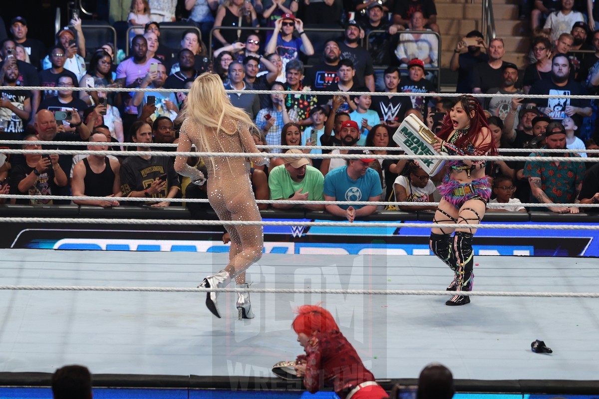 Charlotte Flair, Bianca Belair, Bayley and Iyo Sky all interrupt an Asuka interview at WWE Smackdown at Madison Square Garden, in New York City, on Friday, July 7, 2023. Photo by George Tahinos, georgetahinos.smugmug.com