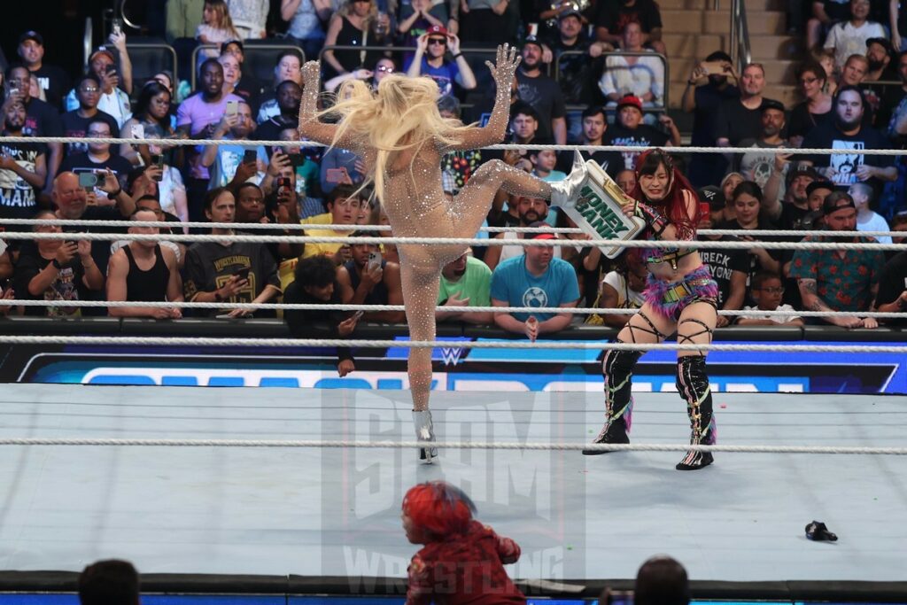 Charlotte Flair, Bayley and Iyo Sky all interrupt an Asuka interview at WWE Smackdown at Madison Square Garden, in New York City, on Friday, July 7, 2023. Photo by George Tahinos, georgetahinos.smugmug.com