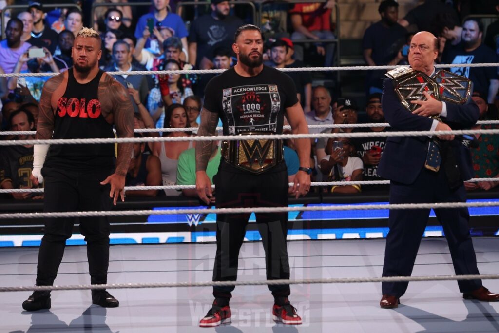 Solo Sikoa, Roman Reigns and Paul Heyman at WWE Smackdown at Madison Square Garden, in New York City, on Friday, July 7, 2023. Photo by George Tahinos, georgetahinos.smugmug.com