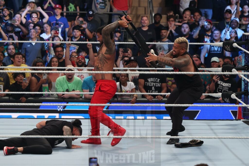 Jey Uso fights with Solo Sikoa and Roman Reigns at Madison Square Garden, in New York City, on Friday, July 7, 2023. Photo by George Tahinos, georgetahinos.smugmug.com