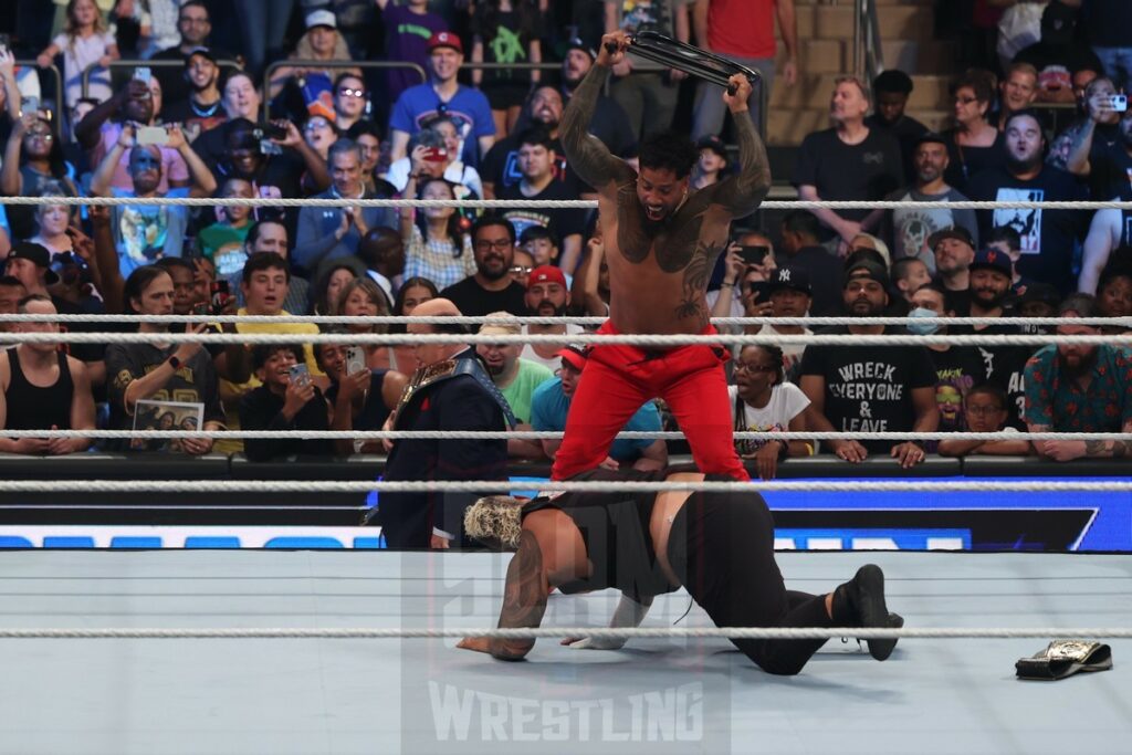 Jey Uso fights with Solo Sikoa and Roman Reigns at Madison Square Garden, in New York City, on Friday, July 7, 2023. Photo by George Tahinos, georgetahinos.smugmug.com