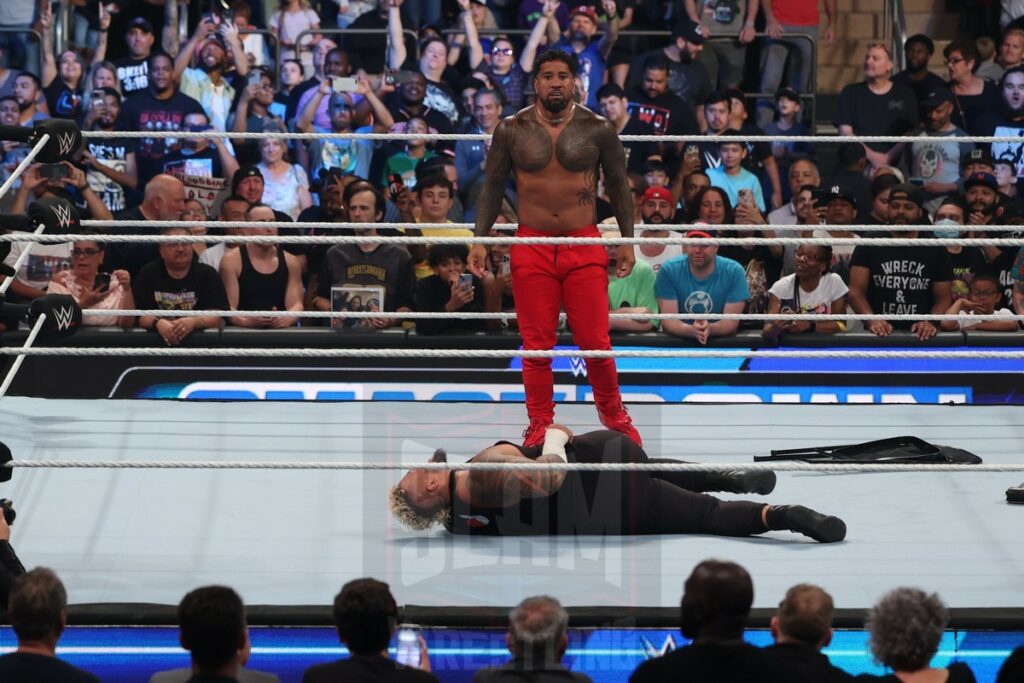 Jey Uso fights with Solo Sikoa and Roman Reigns at Madison Square Garden, in New York City, on Friday, July 7, 2023. Photo by George Tahinos, georgetahinos.smugmug.com