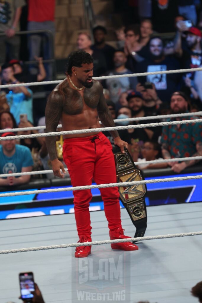 Jey Uso ends WWE Smackdown at Madison Square Garden, in New York City, on Friday, July 7, 2023. Photo by George Tahinos, georgetahinos.smugmug.com