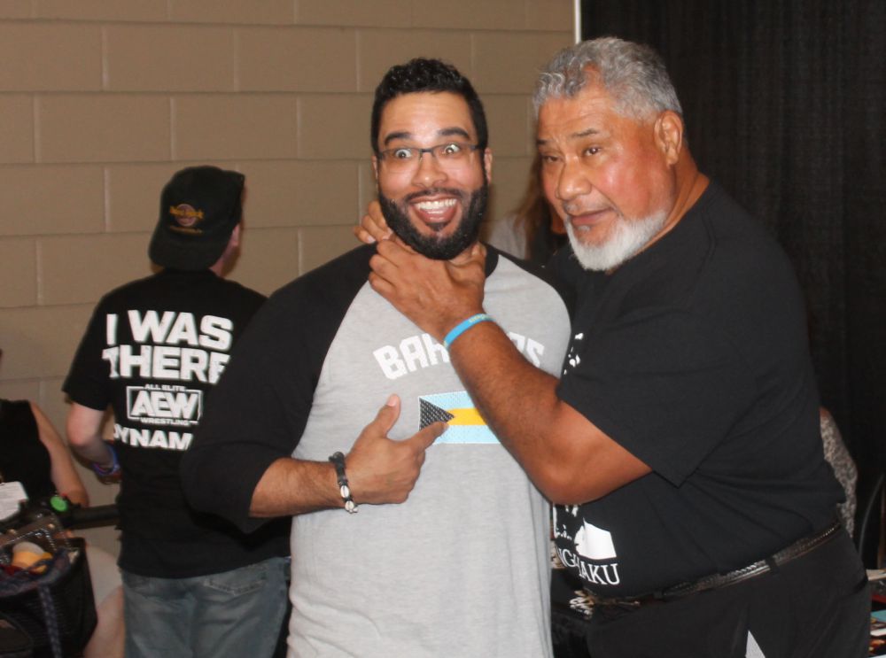 A fan meets Haku at the Tragos/Thesz Professional Wrestling Hall of Fame induction weekend on Friday, July 21, 2023 in Waterloo, Iowa. Photo by Greg Oliver