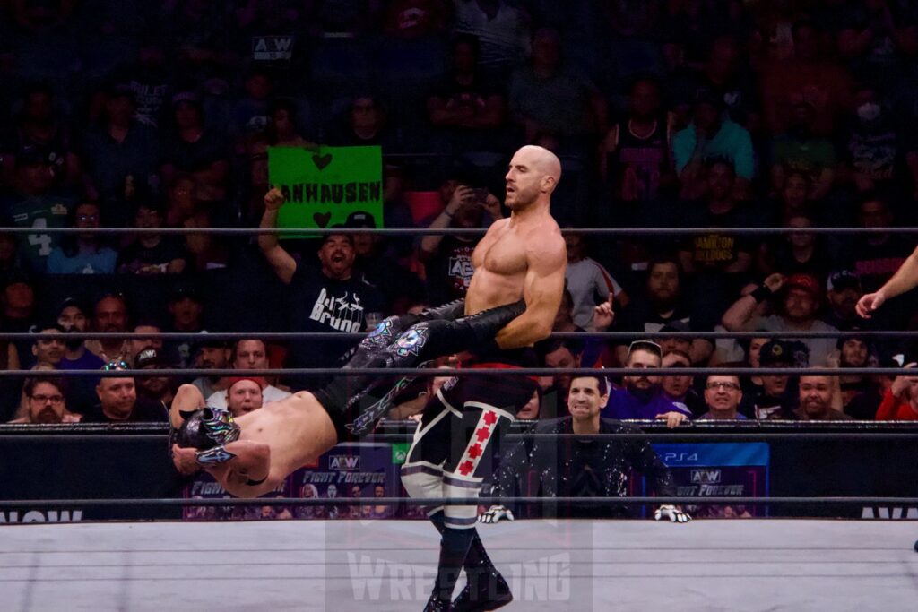 ROH World Championship match: Claudio Castagnoli swings Komander at AEW Rampage at the FirstOntario Centre in Hamilton, Ontario, taped on Thursday, June 29, 2023, and airing on Friday, June 30, 2023. Photo by Steve Argintaru, Twitter: @stevetsn Instagram: @stevetsn