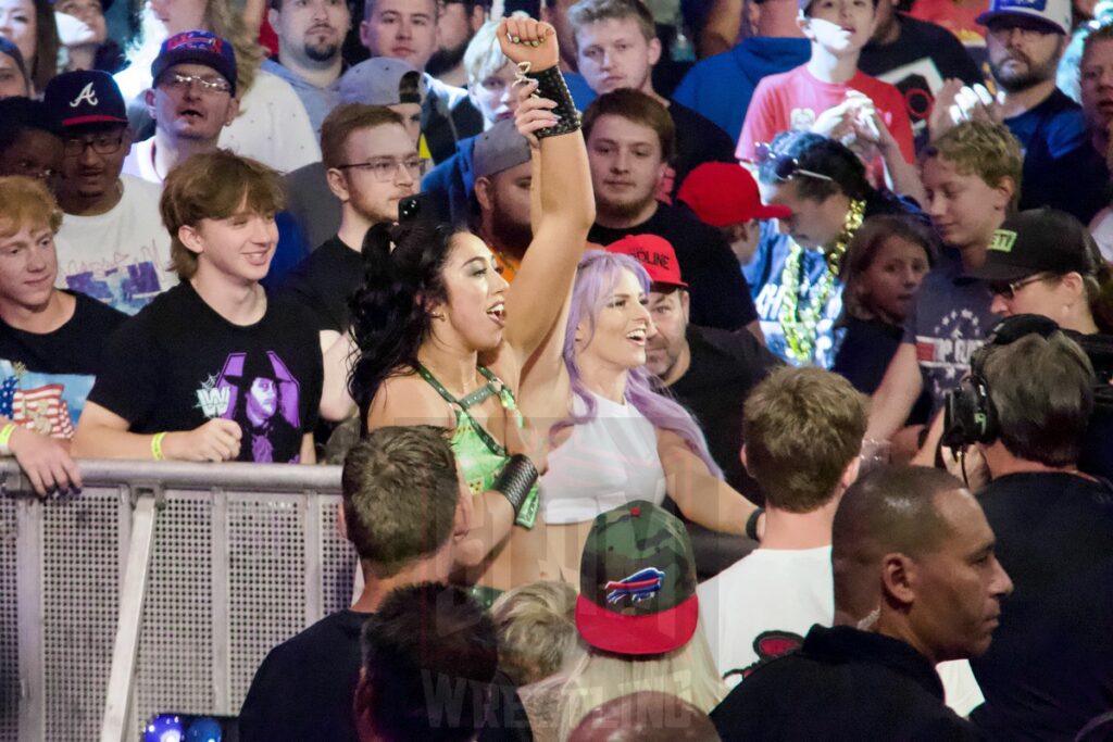 Indi Hartwell and Candice LeRae at the KeyBank Center in Buffalo, New York, on Monday, July 10, 2023, as WWE presented Monday Night Raw. Photo by Steve Argintaru, Twitter: @stevetsn Instagram: @stevetsn