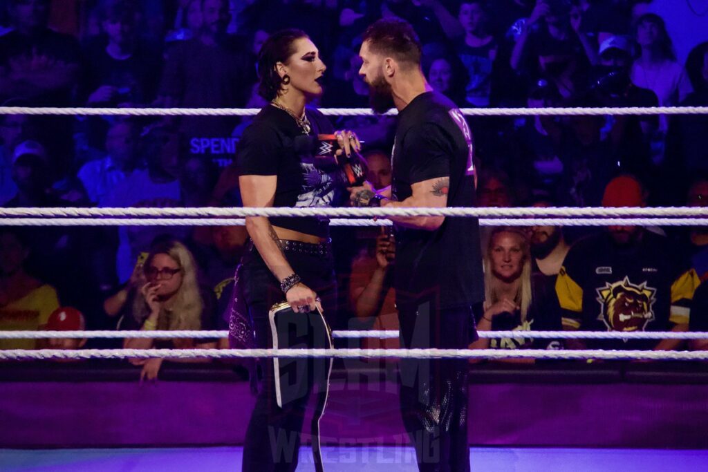 Finn Balor and Rhea Ripley at the KeyBank Center in Buffalo, New York, on Monday, July 10, 2023, as WWE presented Monday Night Raw. Photo by Steve Argintaru, Twitter: @stevetsn Instagram: @stevetsn