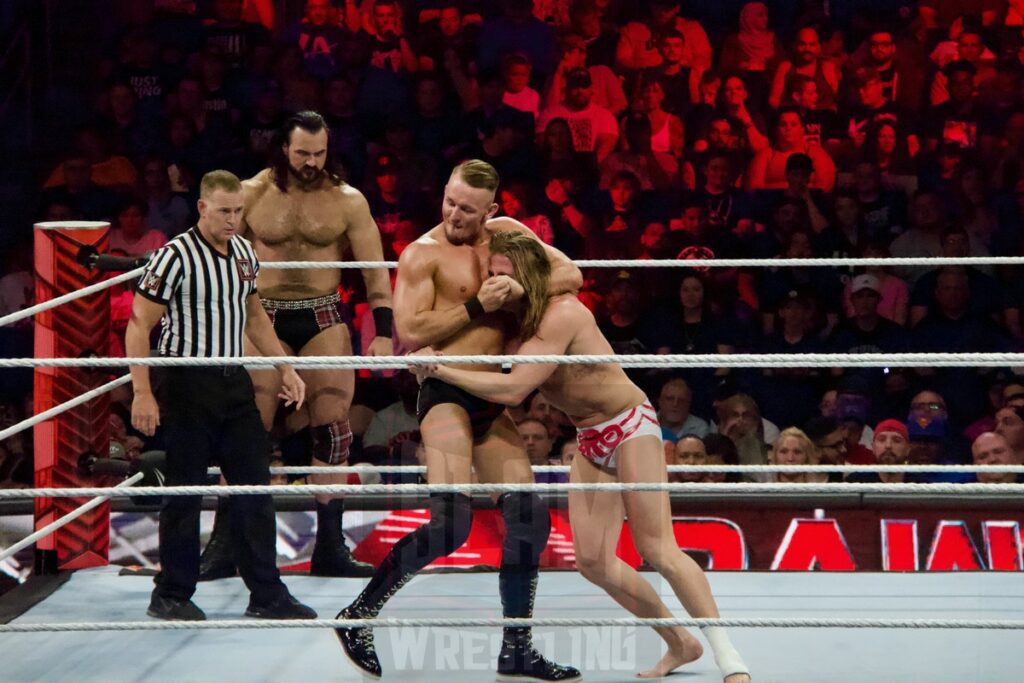 Drew Mcintyre & Matt Riddle Vs. Imperium at the KeyBank Center in Buffalo, New York, on Monday, July 10, 2023, as WWE presented Monday Night Raw. Photo by Steve Argintaru, Twitter: @stevetsn Instagram: @stevetsn