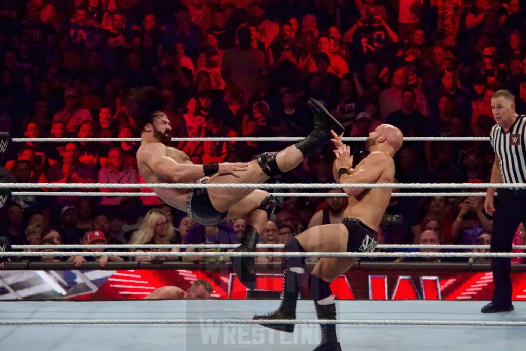 Drew Mcintyre & Matt Riddle Vs. Imperium at the KeyBank Center in Buffalo, New York, on Monday, July 10, 2023, as WWE presented Monday Night Raw. Photo by Steve Argintaru, Twitter: @stevetsn Instagram: @stevetsn