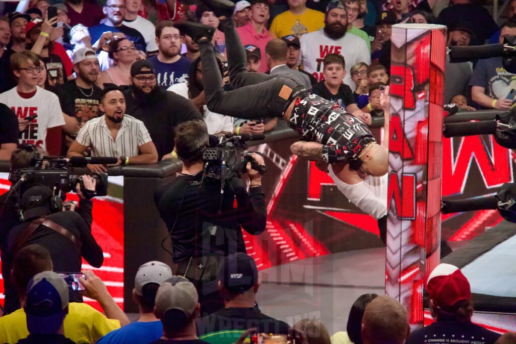 Logan Paul and Ricochet at the KeyBank Center in Buffalo, New York, on Monday, July 10, 2023, as WWE presented Monday Night Raw. Photo by Steve Argintaru, Twitter: @stevetsn Instagram: @stevetsn