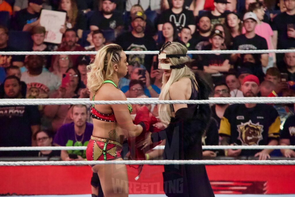 Zoey Stark (W/ Trish Stratus) at the KeyBank Center in Buffalo, New York, on Monday, July 10, 2023, as WWE presented Monday Night Raw. Photo by Steve Argintaru, Twitter: @stevetsn Instagram: @stevetsn