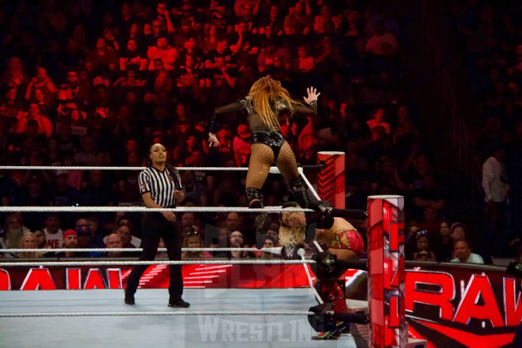 Becky Lynch Vs. Zoey Stark (W/ Trish Stratus) at the KeyBank Center in Buffalo, New York, on Monday, July 10, 2023, as WWE presented Monday Night Raw. Photo by Steve Argintaru, Twitter: @stevetsn Instagram: @stevetsn