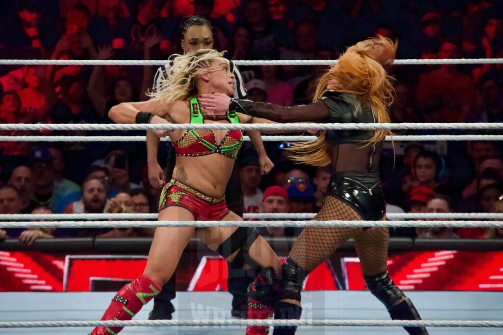 Becky Lynch Vs. Zoey Stark (W/ Trish Stratus) at the KeyBank Center in Buffalo, New York, on Monday, July 10, 2023, as WWE presented Monday Night Raw. Photo by Steve Argintaru, Twitter: @stevetsn Instagram: @stevetsn