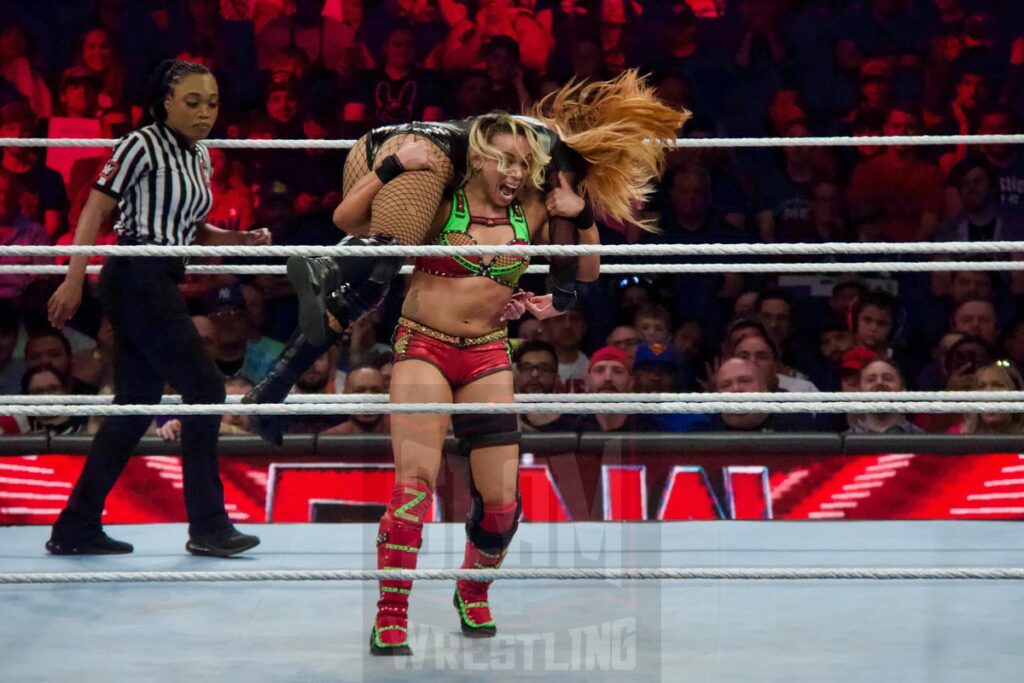 Becky Lynch Vs. Zoey Stark (W/ Trish Stratus) at the KeyBank Center in Buffalo, New York, on Monday, July 10, 2023, as WWE presented Monday Night Raw. Photo by Steve Argintaru, Twitter: @stevetsn Instagram: @stevetsn