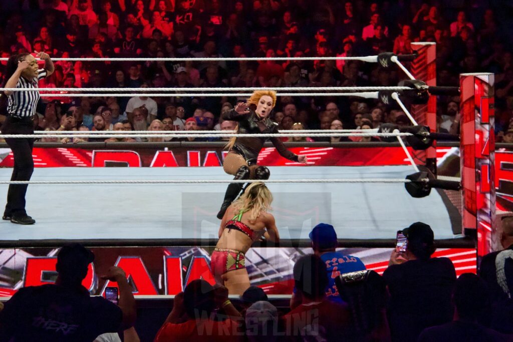 Becky Lynch Vs. Zoey Stark (W/ Trish Stratus) at the KeyBank Center in Buffalo, New York, on Monday, July 10, 2023, as WWE presented Monday Night Raw. Photo by Steve Argintaru, Twitter: @stevetsn Instagram: @stevetsn