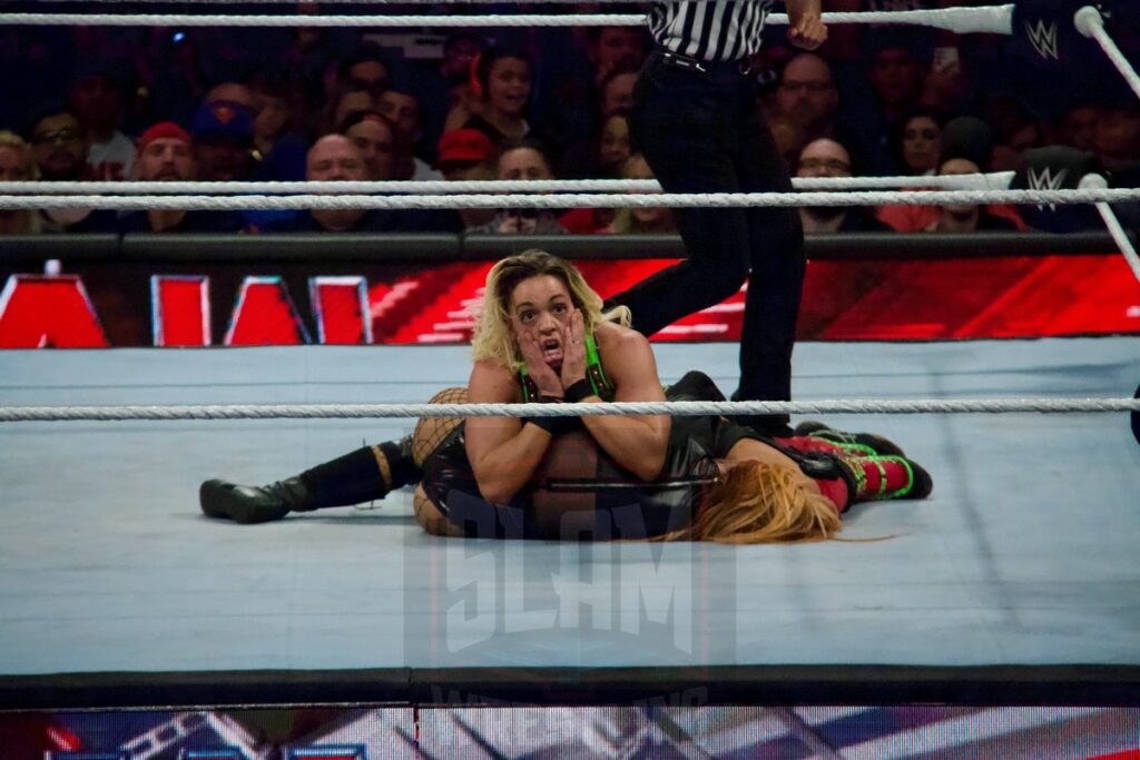 Becky Lynch Vs. Zoey Stark (W/ Trish Stratus) at the KeyBank Center in Buffalo, New York, on Monday, July 10, 2023, as WWE presented Monday Night Raw. Photo by Steve Argintaru, Twitter: @stevetsn Instagram: @stevetsn