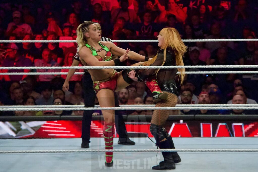 Becky Lynch Vs. Zoey Stark (W/ Trish Stratus) at the KeyBank Center in Buffalo, New York, on Monday, July 10, 2023, as WWE presented Monday Night Raw. Photo by Steve Argintaru, Twitter: @stevetsn Instagram: @stevetsn