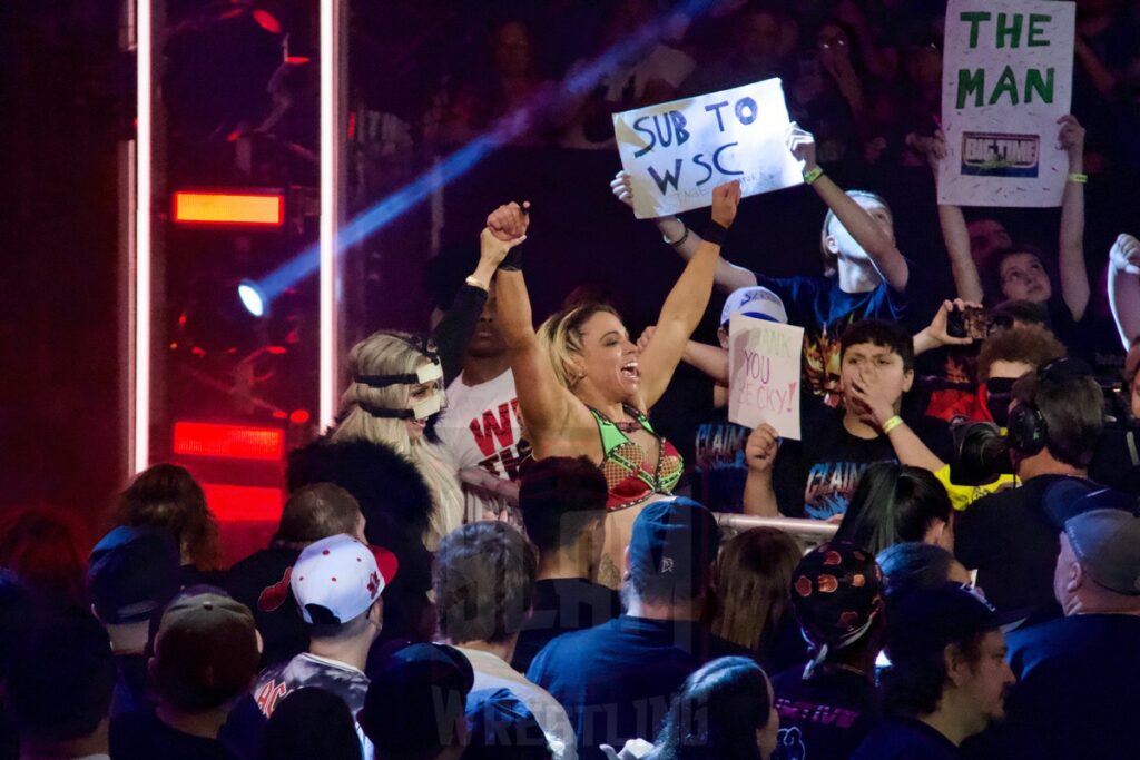 Zoey Stark (W/ Trish Stratus) at the KeyBank Center in Buffalo, New York, on Monday, July 10, 2023, as WWE presented Monday Night Raw. Photo by Steve Argintaru, Twitter: @stevetsn Instagram: @stevetsn