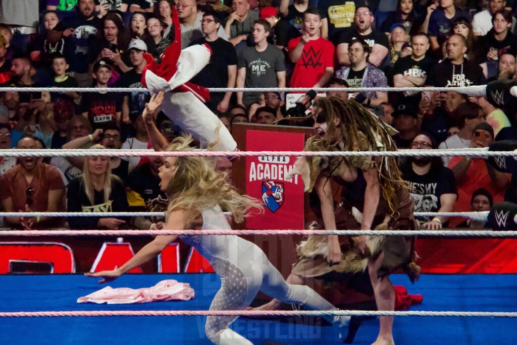 The Viking Raiders interrupt Alpha Academy’s graduation ceremony for Maxxine Dupri at the KeyBank Center in Buffalo, New York, on Monday, July 10, 2023, as WWE presented Monday Night Raw. Photo by Steve Argintaru, Twitter: @stevetsn Instagram: @stevetsn