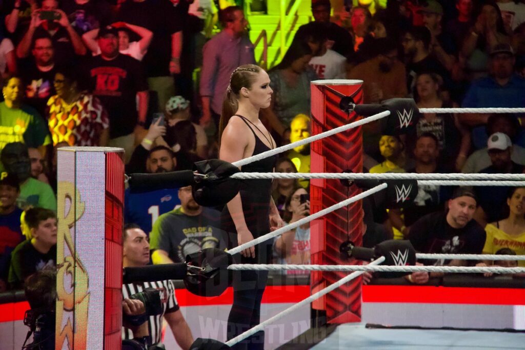 Ronda Rousey interrupts Shayna Baszler Vs. Emma at the KeyBank Center in Buffalo, New York, on Monday, July 10, 2023, as WWE presented Monday Night Raw. Photo by Steve Argintaru, Twitter: @stevetsn Instagram: @stevetsn