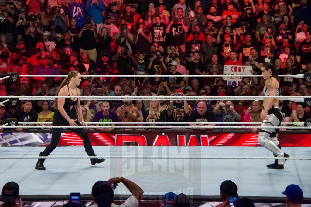 Ronda Rousey interrupts Shayna Baszler Vs. Emma at the KeyBank Center in Buffalo, New York, on Monday, July 10, 2023, as WWE presented Monday Night Raw. Photo by Steve Argintaru, Twitter: @stevetsn Instagram: @stevetsn