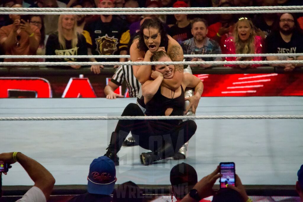 Ronda Rousey interrupts Shayna Baszler Vs. Emma at the KeyBank Center in Buffalo, New York, on Monday, July 10, 2023, as WWE presented Monday Night Raw. Photo by Steve Argintaru, Twitter: @stevetsn Instagram: @stevetsn