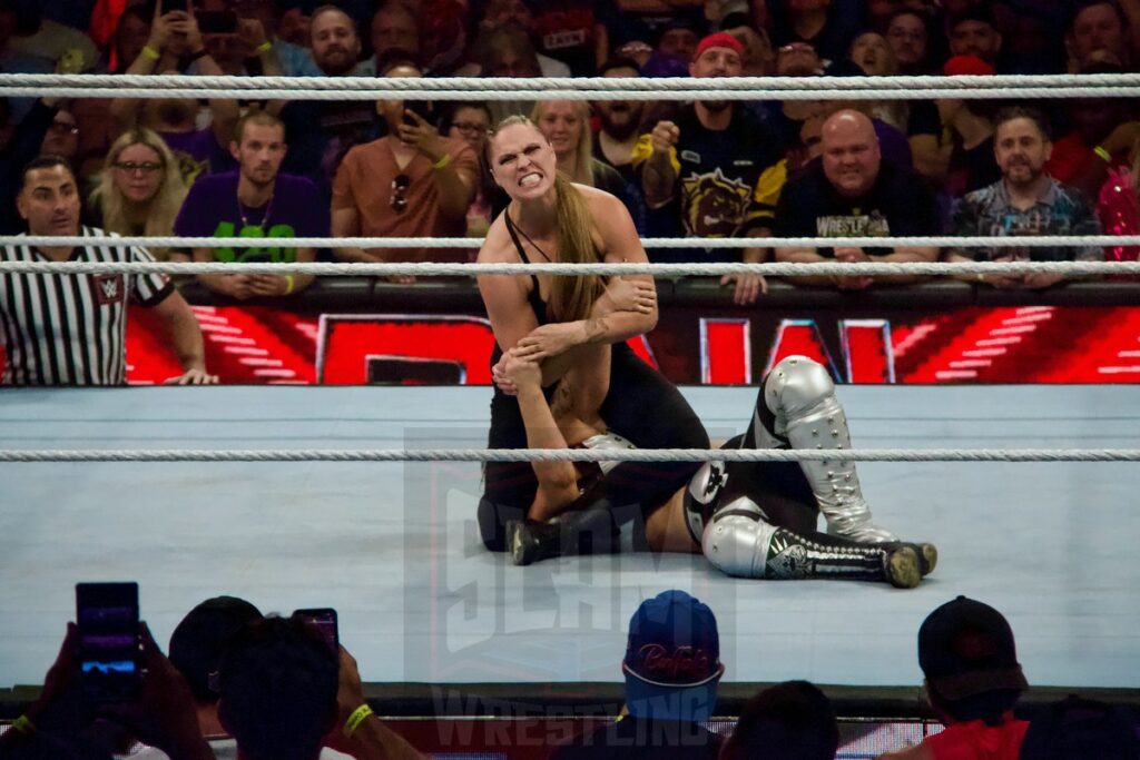 Ronda Rousey interrupts Shayna Baszler Vs. Emma at the KeyBank Center in Buffalo, New York, on Monday, July 10, 2023, as WWE presented Monday Night Raw. Photo by Steve Argintaru, Twitter: @stevetsn Instagram: @stevetsn