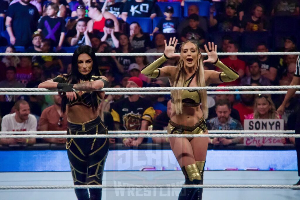 Chelsea Green & Sonya Deville at the KeyBank Center in Buffalo, New York, on Monday, July 10, 2023, as WWE presented Monday Night Raw. Photo by Steve Argintaru, Twitter: @stevetsn Instagram: @stevetsn