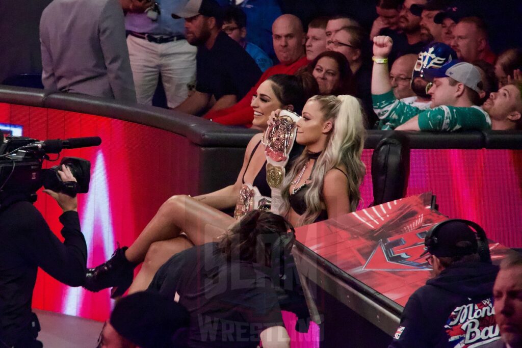 Raquel Rodriguez and Liv Morgan at the KeyBank Center in Buffalo, New York, on Monday, July 10, 2023, as WWE presented Monday Night Raw. Photo by Steve Argintaru, Twitter: @stevetsn Instagram: @stevetsn