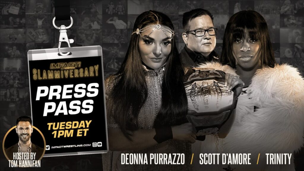 Deonna Purrazzo, Scott D'Amore and Trinity on an Impact media call