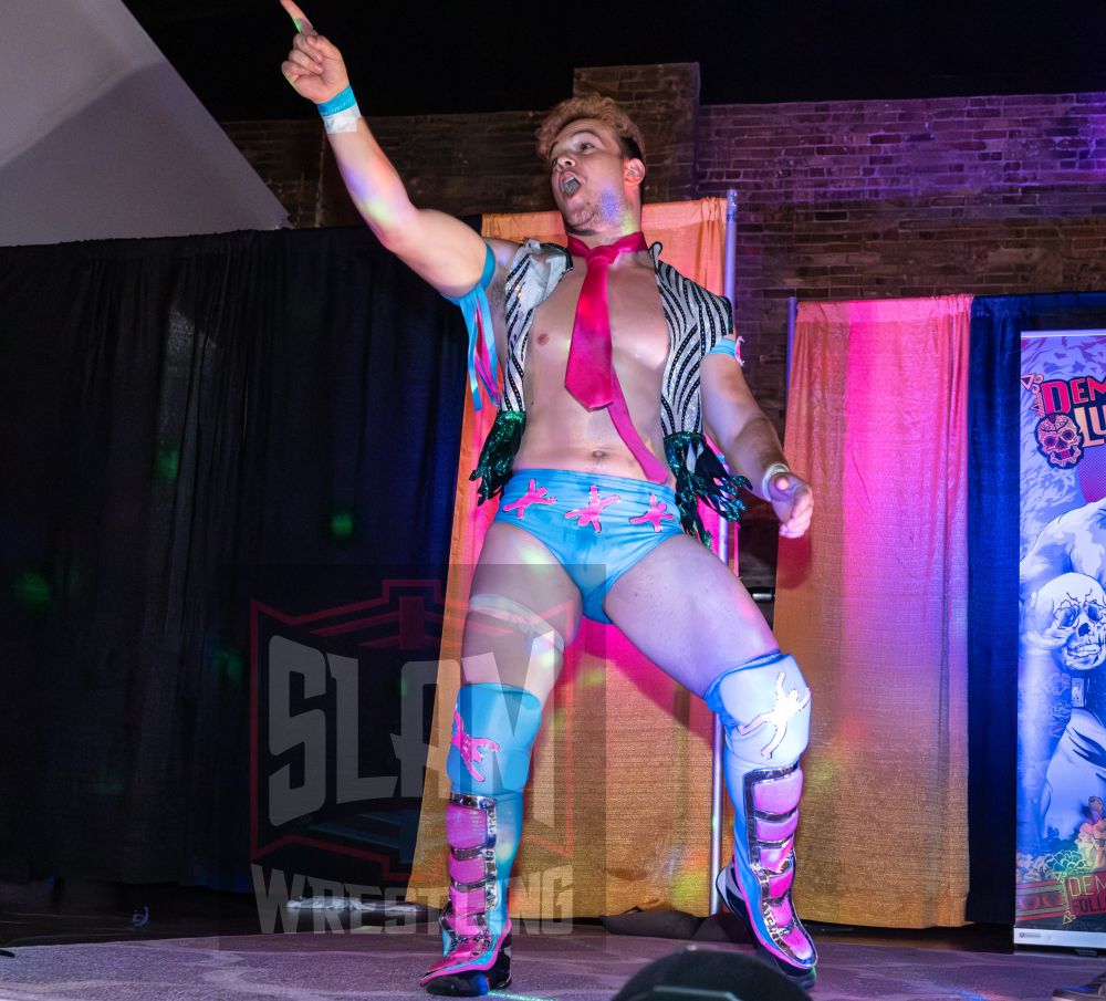 Jack Cartwheel heads to the ring at the Demand Lucha show at Parkdale Hall, in Toronto, on June 29, 2023. Photo by John Gallant, @hocusfocuspix