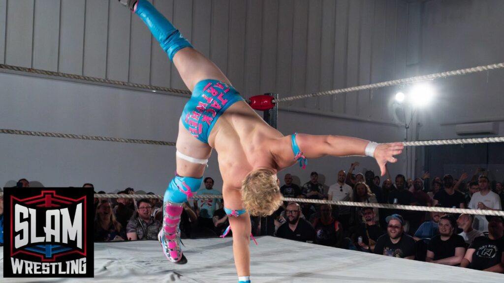 Jack Cartwheel cartwheels at the Demand Lucha show at Parkdale Hall, in Toronto, on June 29, 2023. Photo by John Gallant, @hocusfocuspix