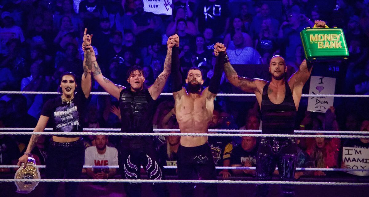 Judgement Day -- Rhea Ripley, Dominik Mysterio, Finn Balor and Damien Priest -- at the KeyBank Center in Buffalo, New York, on Monday, July 10, 2023, as WWE presented Monday Night Raw. Photo by Steve Argintaru, Twitter: @stevetsn Instagram: @stevetsn