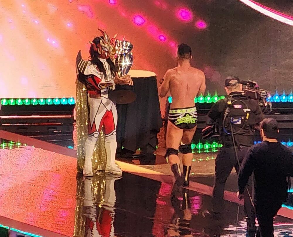 Jushin Liger and Ricky Starks at the AEW show at the Scotiabank Saddledown in Calgary, Alberta, on Saturday, July 15, 2023. Photo by Jason Clevett