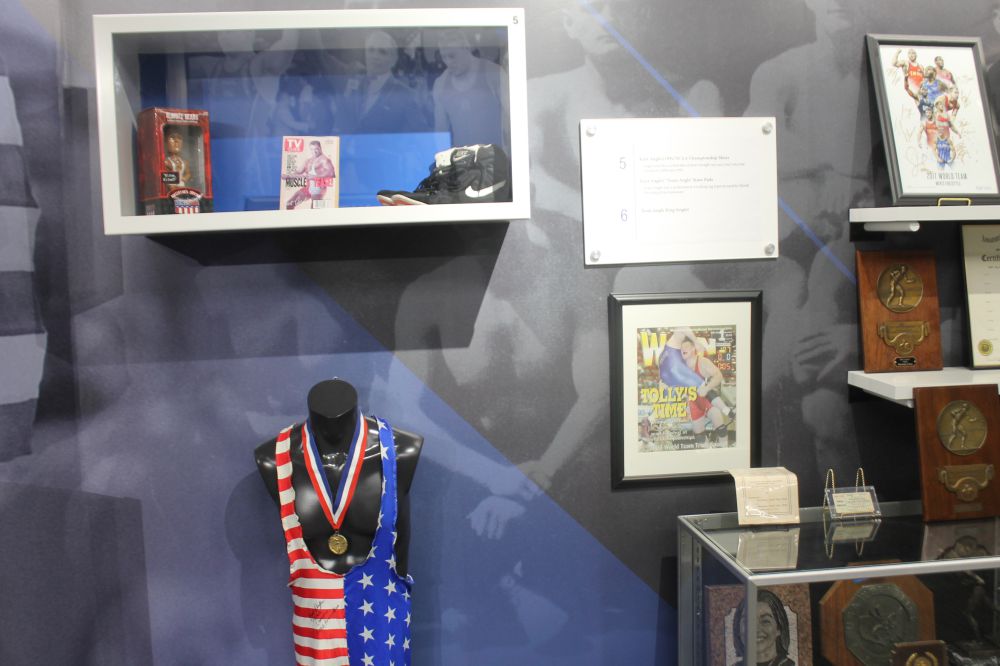 The Kurt Angle display -- with the traded singlet -- at the National Wrestling Hall of Fame Dan Gable Museum, in Waterloo, Iowa, on Saturday, July 22, 2023. Photo by Greg Oliver