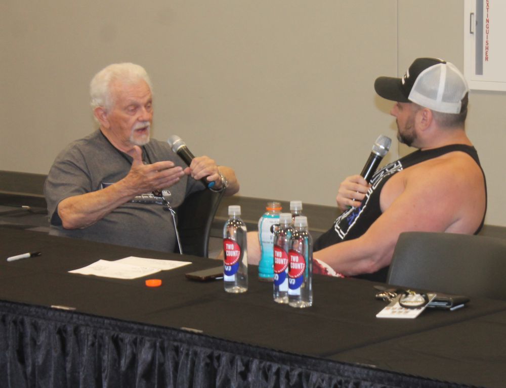 Les Thatcher and Colt Cabana at the Wrestling Hall of Fame induction weekend on Friday, July 21, 2023 in Waterloo, Iowa. Photo by Greg Oliver