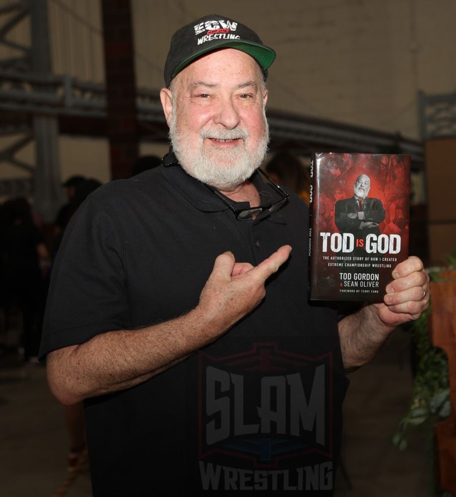 Tod Gordon with his book at the Icons of Wrestling Convention & Fanfest on Saturday, July 1, 2023, at the 2300 Arena, in Philadelphia, PA. Photo by George Tahinos, https://georgetahinos.smugmug.com