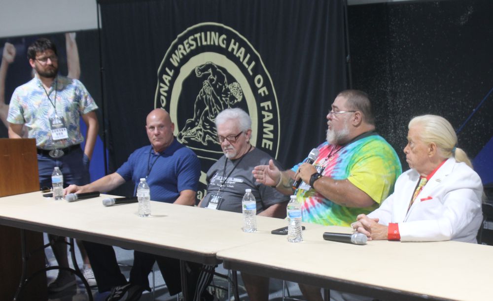 A panel mostly focusing on pro wrestling training -- from left, moderator Captain Midnight Guthrie, Jody Simon/Joe Malenko, Les Thatcher, Bill DeMott and Rock Riddle, at the Tragos/Thesz Professional Wrestling Hall of Fame induction weekend on Saturday, July 22, 2023 in Waterloo, Iowa. Photo by Greg Oliver