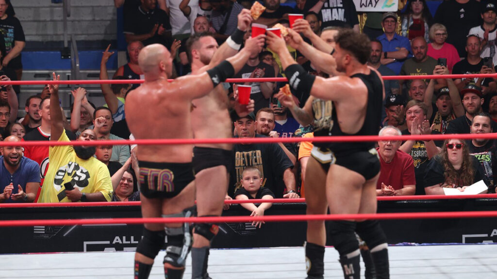 FTR (CASH WHEELER AND DAX HARWOOD) VS. MJF AND ADAM COLE at AEW Collision: July 30th, 2023. By George Tahinos.