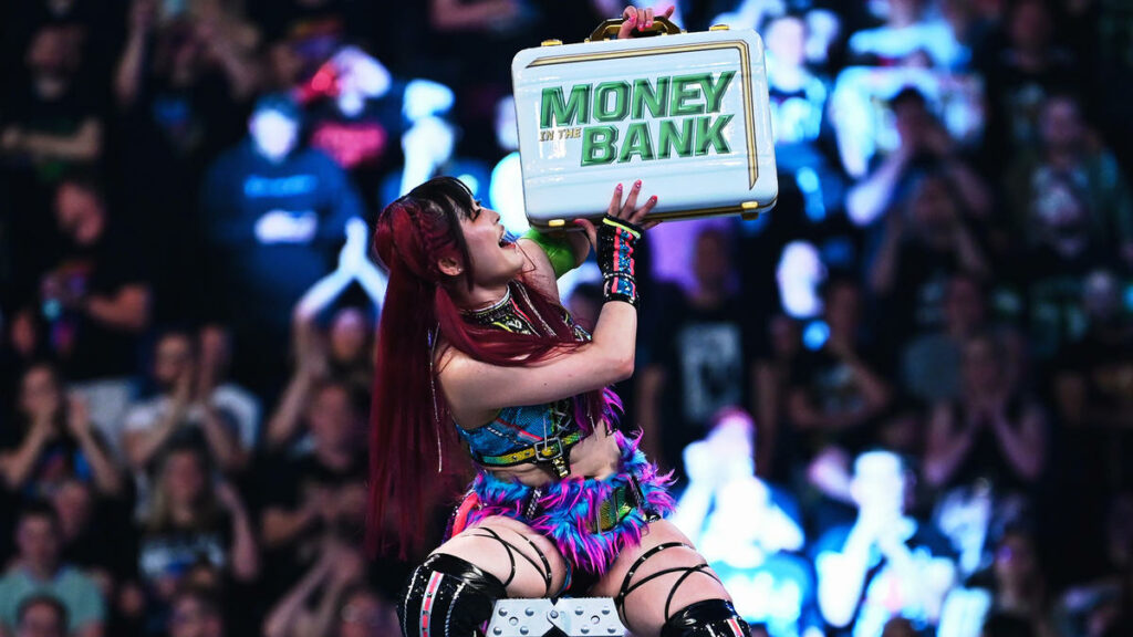 Iyo Sky won the 2023 Money in the Bank event over Bayley, Becky Lynch, Trish Stratus, Zelina Vega, and Zoey Stark in London, England. WWE photo