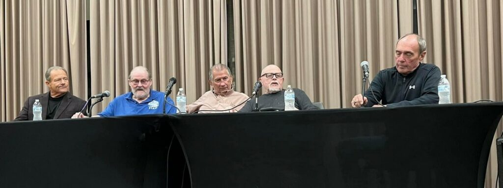 Brian Blair, Bob Roop, Jerry Brisco, Kevin Sullivan and Steve Kerin on a panel about Florida wrestling at The Gathering in Charlotte, NC, on Saturday, August 5, 2023. Photo by Pete Lederberg