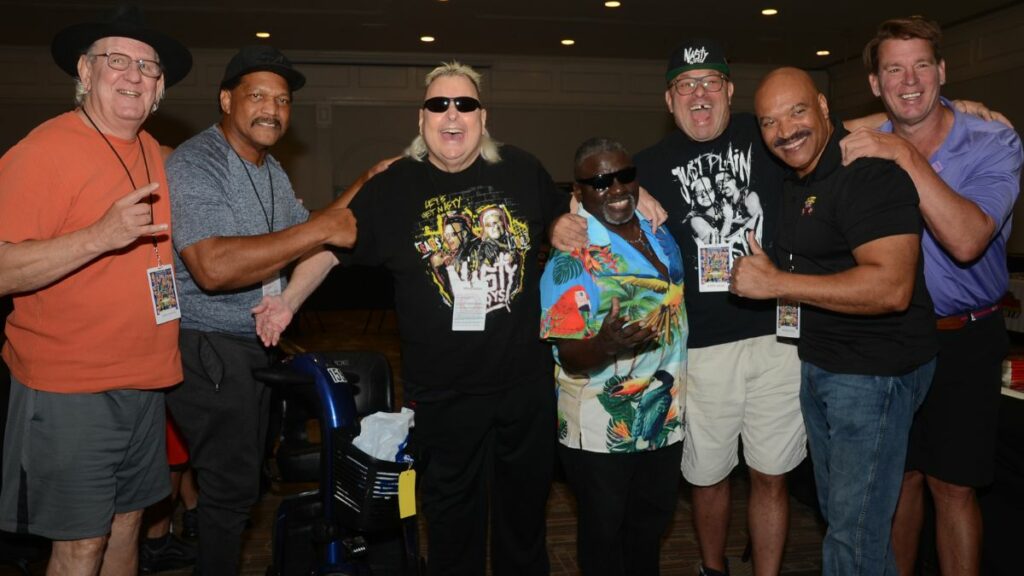 An impromptu photo of Cowboy Bob Orton, Ron Simmons, Brian Knobbs, Kobo B. Ware, Jerry Sags, Ranger Ross and JBL at the Cauliflower Alley Club on Tuesday, August 29, 2023, at the Plaza Hotel & Casino in Las Vegas. Photo by Brad McFarlin